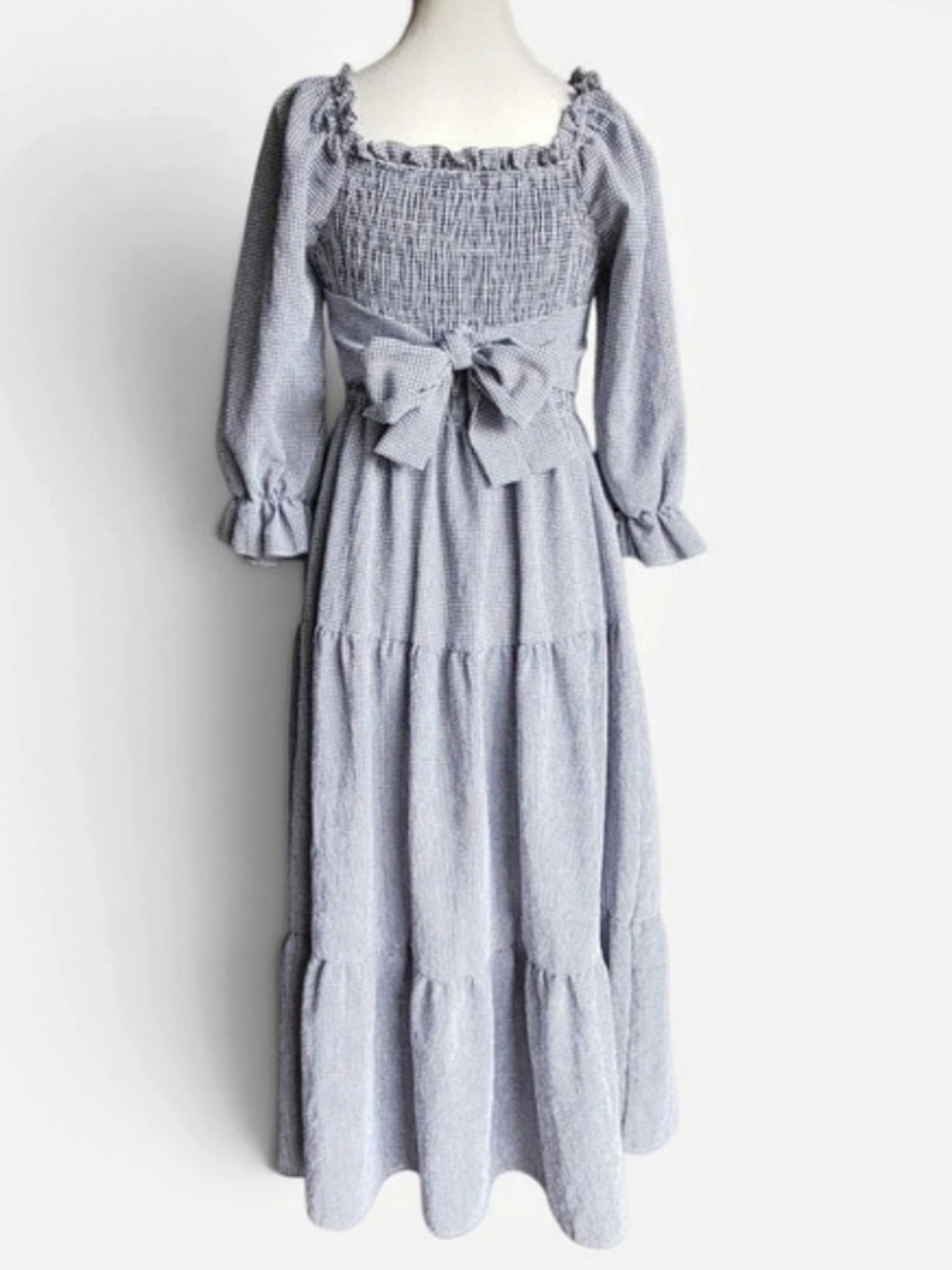Romantic Gingham Smocked Midi Dress M Cottagecore Coquette Bow Whimsigoth